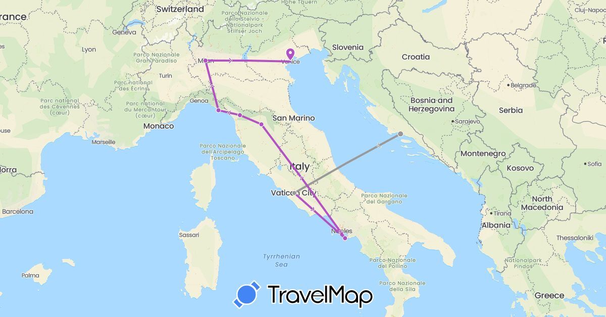 TravelMap itinerary: driving, plane, train in Croatia, Italy (Europe)